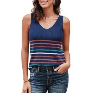 Women's blue striped cotton blend sleeveless top (Large)